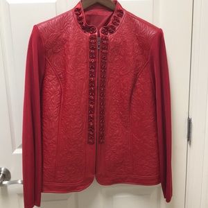 Red Leather Jacket With Sweater Sleeves and Back